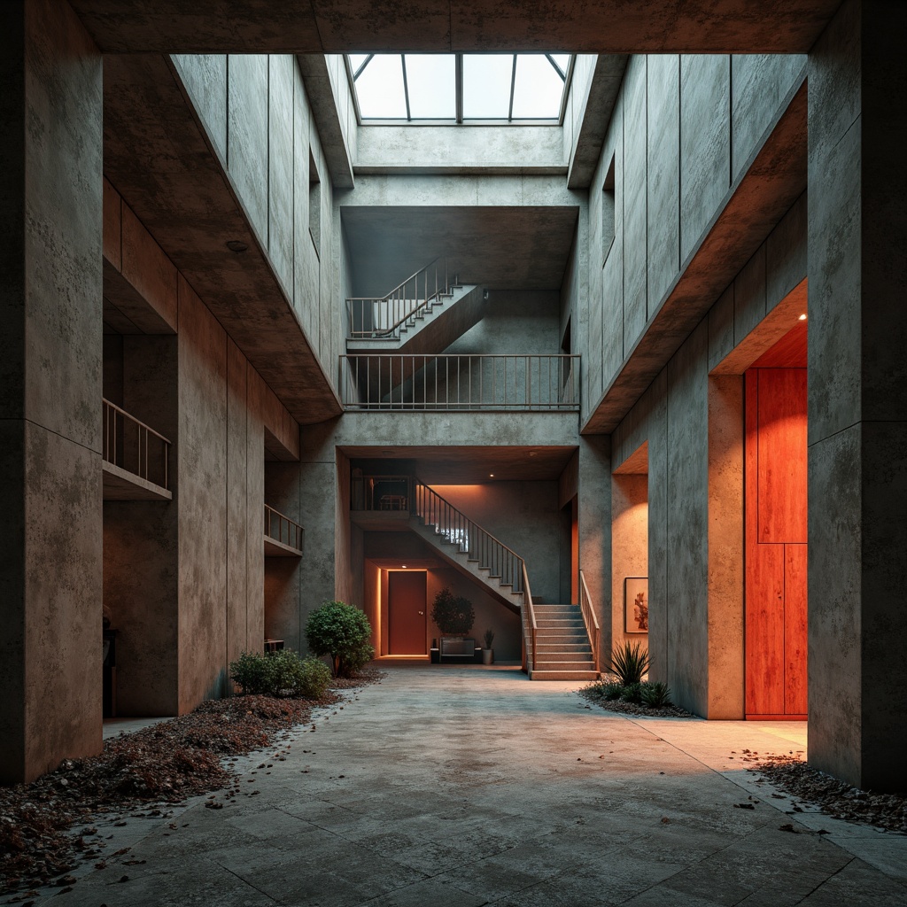 Prompt: Exposed concrete walls, rugged stone floors, industrial metal beams, brutalist architecture, dramatic high ceilings, vast open spaces, monochromatic color palette, muted earth tones, cold gray accents, bold red highlights, warm golden lighting, diffused soft shadows, atmospheric misty effects, cinematic low-key illumination, 1/2 composition, wide-angle lens, realistic rough textures, subtle ambient occlusion.