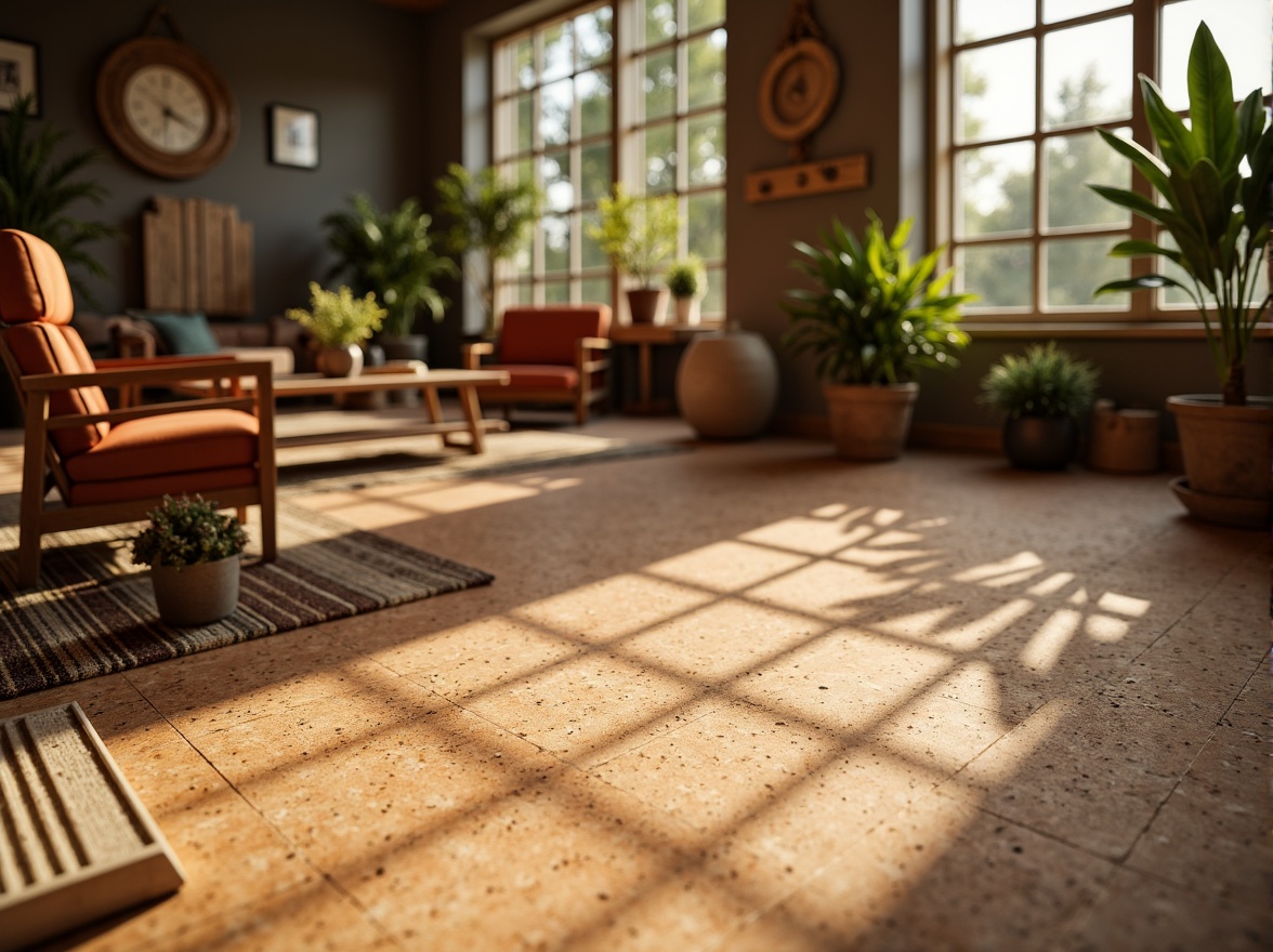 Prompt: Warm cork flooring, natural texture, earthy tone, soft warm lighting, cozy atmosphere, organic feel, sustainable material, acoustic insulation, comfortable underfoot, rustic charm, traditional interior design, vintage furniture, natural wood accents, woven rugs, potted plants, sunny windows, gentle shadows, 3/4 composition, shallow depth of field.