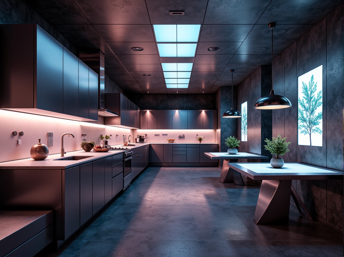 Prompt: Futuristic kitchen, sleek metal cabinets, high-gloss countertops, minimalist decor, ambient LED lighting, soft warm glow, under-cabinet task lights, pendant lamps, geometric shapes, neon color accents, holographic displays, transparent glass tables, metallic finishes, smart home automation, voice-controlled lighting systems, energy-efficient solutions, motion-sensing illumination, 3D-printed fixtures, futuristic faucet designs, high-tech appliances, reflective surfaces, shallow depth of field, 1/1 composition, realistic textures.