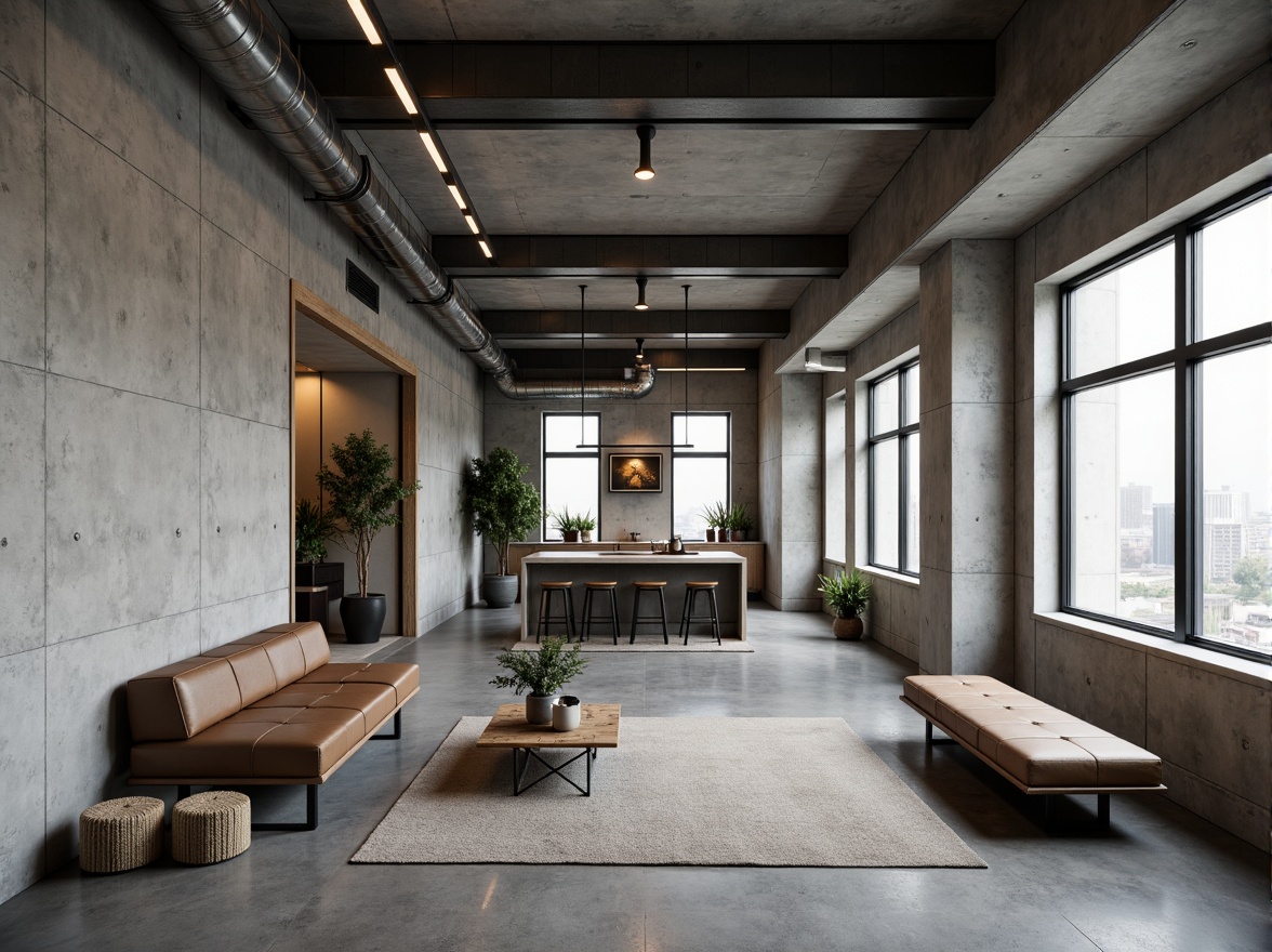 Prompt: Raw concrete walls, industrial metal beams, minimalist decor, brutalist architecture, functional furniture, cold color palette, exposed ductwork, rugged stone floors, low-profile sofas, sleek coffee tables, geometric-shaped chairs, metal frame benches, reclaimed wood accents, urban loft atmosphere, dramatic lighting, high ceilings, poured concrete countertops, industrial-style lighting fixtures, bold architectural statements.