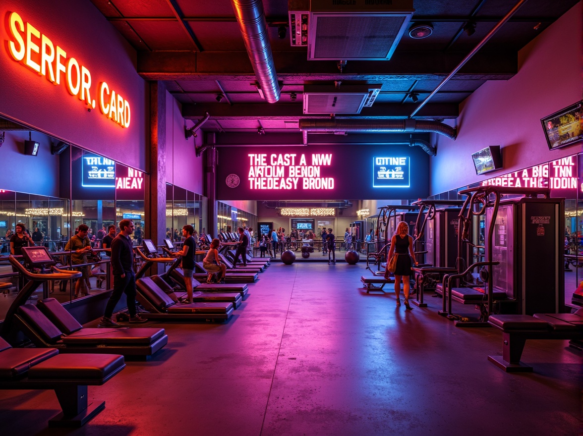 Prompt: Vibrant fitness studio, energetic atmosphere, bold color scheme, bright neon lights, motivational quotes, sleek modern equipment, polished metal accents, dynamic textures, intense workout zones, mirrored walls, high-ceiling spaces, industrial-chic design, urban loft ambiance, warm inviting lighting, 1/1 composition, shallow depth of field, realistic reflections.