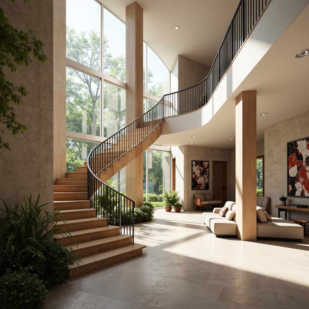 Prompt: Spacious open-plan interior, grand staircase design, elegant curved railings, polished wooden steps, sleek metal balusters, minimalist aesthetic, natural light pouring in, floor-to-ceiling windows, airy atmosphere, comfortable seating areas, lush greenery, vibrant artwork, modern furniture pieces, smooth stone flooring, subtle textures, warm ambient lighting, shallow depth of field, 1/1 composition, realistic rendering, soft focus effect.