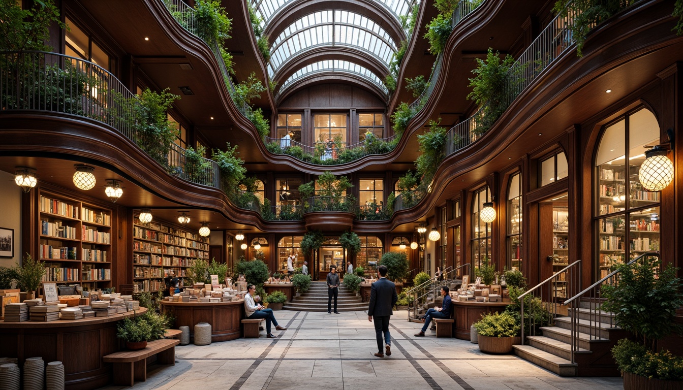 Prompt: Ornate bookstore facade, sinuous lines, flowing curves, organic shapes, stained glass windows, intricate metalwork, ornamental lanterns, lush greenery, vintage signage, rich wood tones, polished marble floors, grand staircase, sweeping archways, ornate plaster ceilings, warm soft lighting, shallow depth of field, 1/1 composition, realistic textures, ambient occlusion.