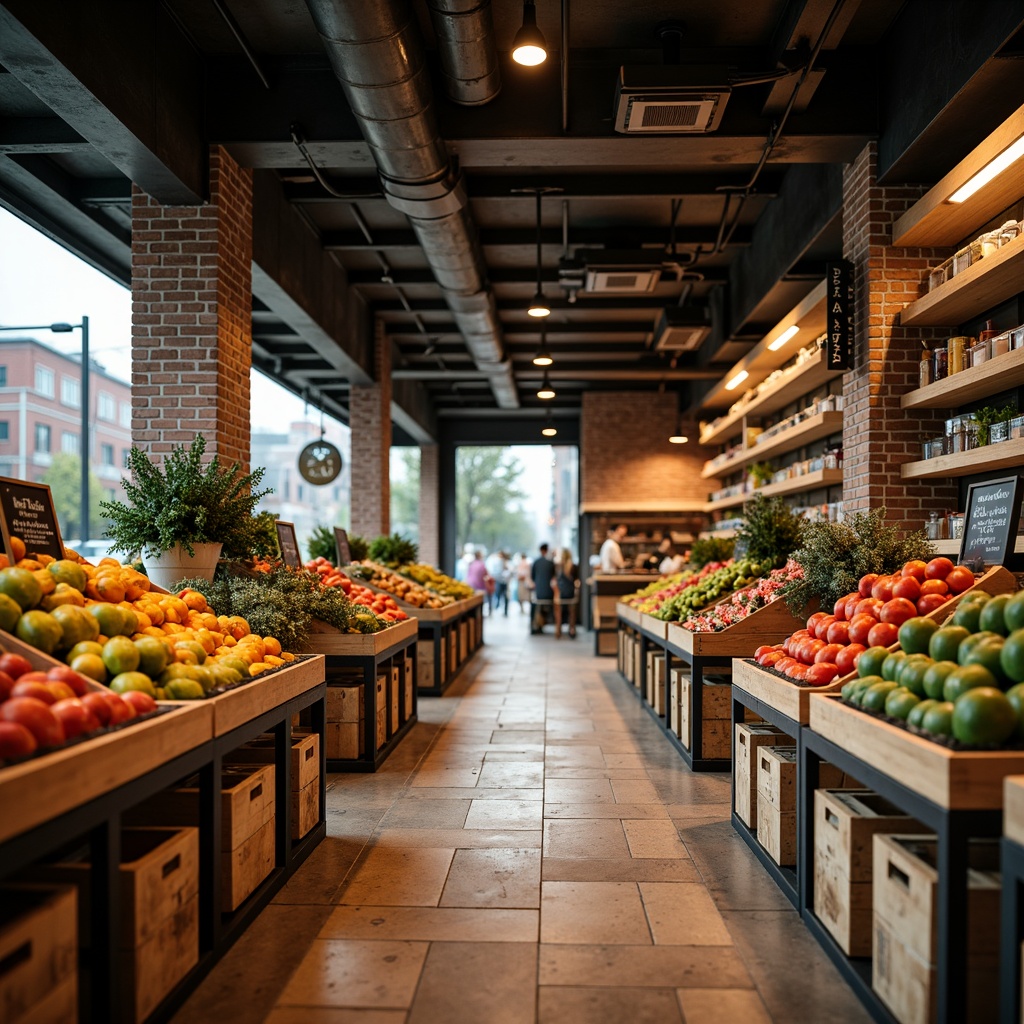 Prompt: Vibrant produce stands, rustic wooden crates, earthy tone flooring, exposed brick walls, industrial metal shelving, reclaimed wood accents, natural stone countertops, matte black metal fixtures, warm ambient lighting, shallow depth of field, 1/1 composition, realistic textures, ambient occlusion, modern urban architecture, bustling shopping atmosphere, busy city streets, morning sunlight, soft warm glow.