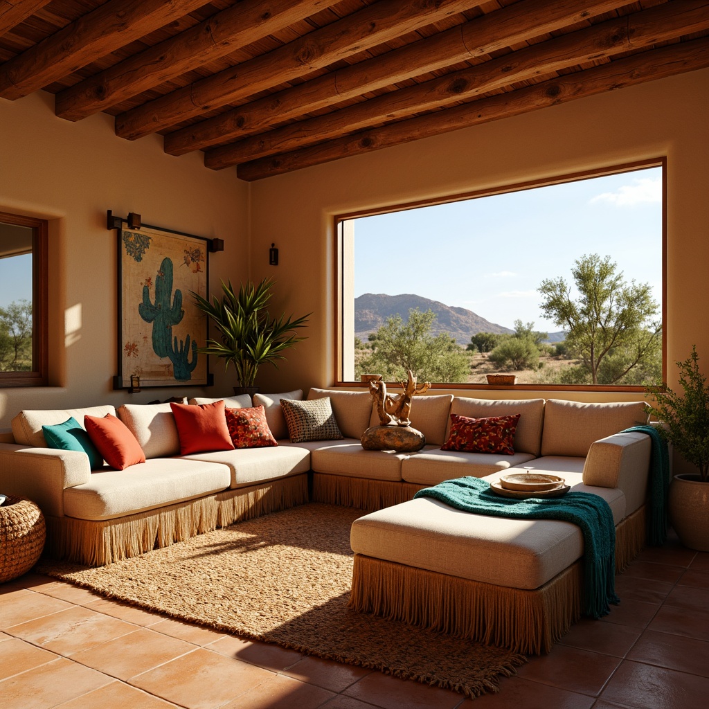 Prompt: Southwestern-style living room, earthy color palette, warm beige walls, terracotta-tiled floors, vibrant turquoise accents, rich sienna furniture, natural woven textiles, rustic wooden decor, cactus-inspired patterns, bold red and orange hues, soft golden lighting, cozy throw blankets, plush sectional sofas, desert landscape views, sunny afternoon ambiance, 1/2 composition, warm shallow depth of field, realistic textures.