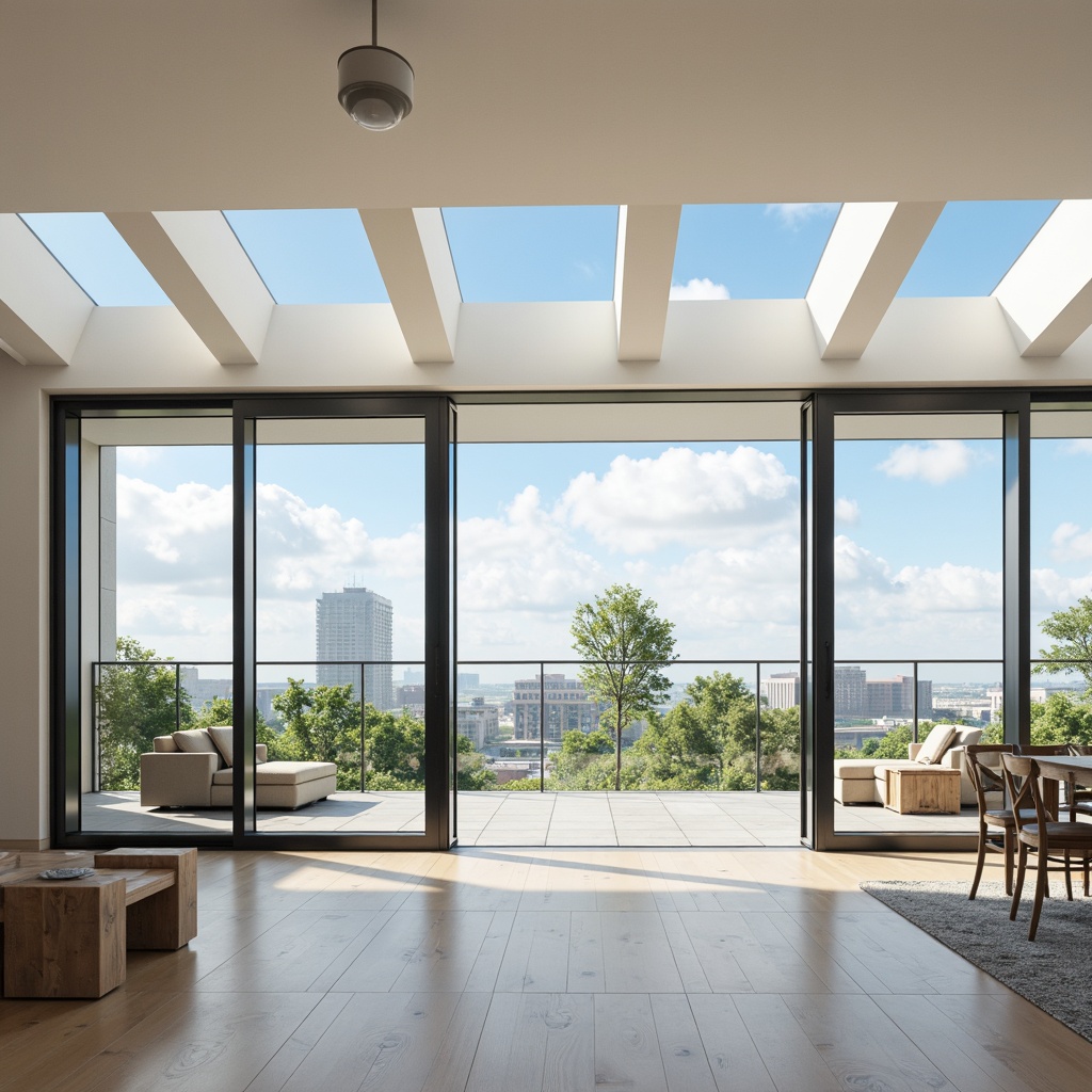 Prompt: Bright airy interior, floor-to-ceiling windows, sliding glass doors, minimalist shading devices, reflective surfaces, light-colored walls, polished wooden floors, clerestory windows, open-plan living areas, corner windows, urban cityscape views, blue sky background, fluffy white clouds, warm sunny day, soft diffused lighting, 1/1 composition, shallow depth of field, realistic textures, ambient occlusion.