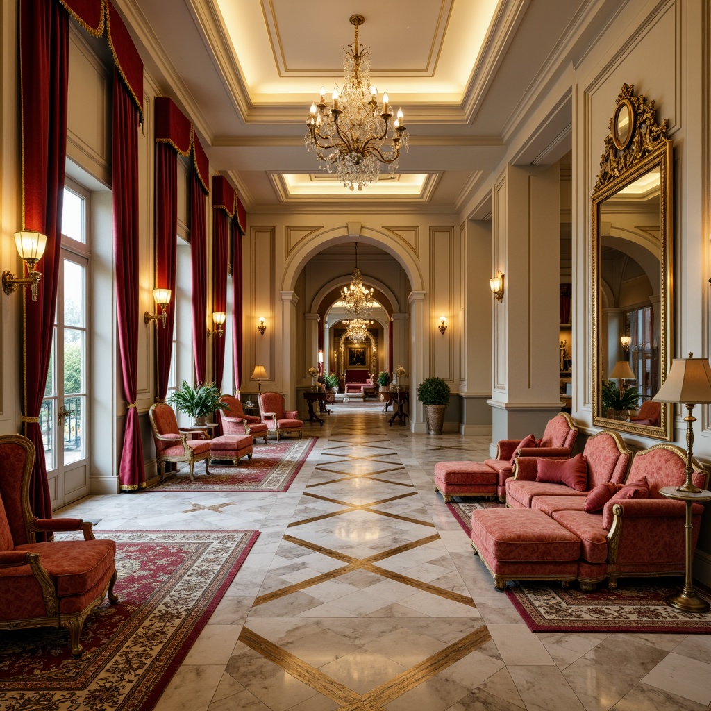 Prompt: Luxurious Baroque-style interior, ornate furnishings, richly patterned rugs, high-gloss polished marble floors, intricate inlays, golden accents, velvet drapes, grand chandeliers, ornamental mirrors, lavish decorative elements, warm beige tones, soft diffused lighting, shallow depth of field, 1/1 composition, realistic textures, ambient occlusion.