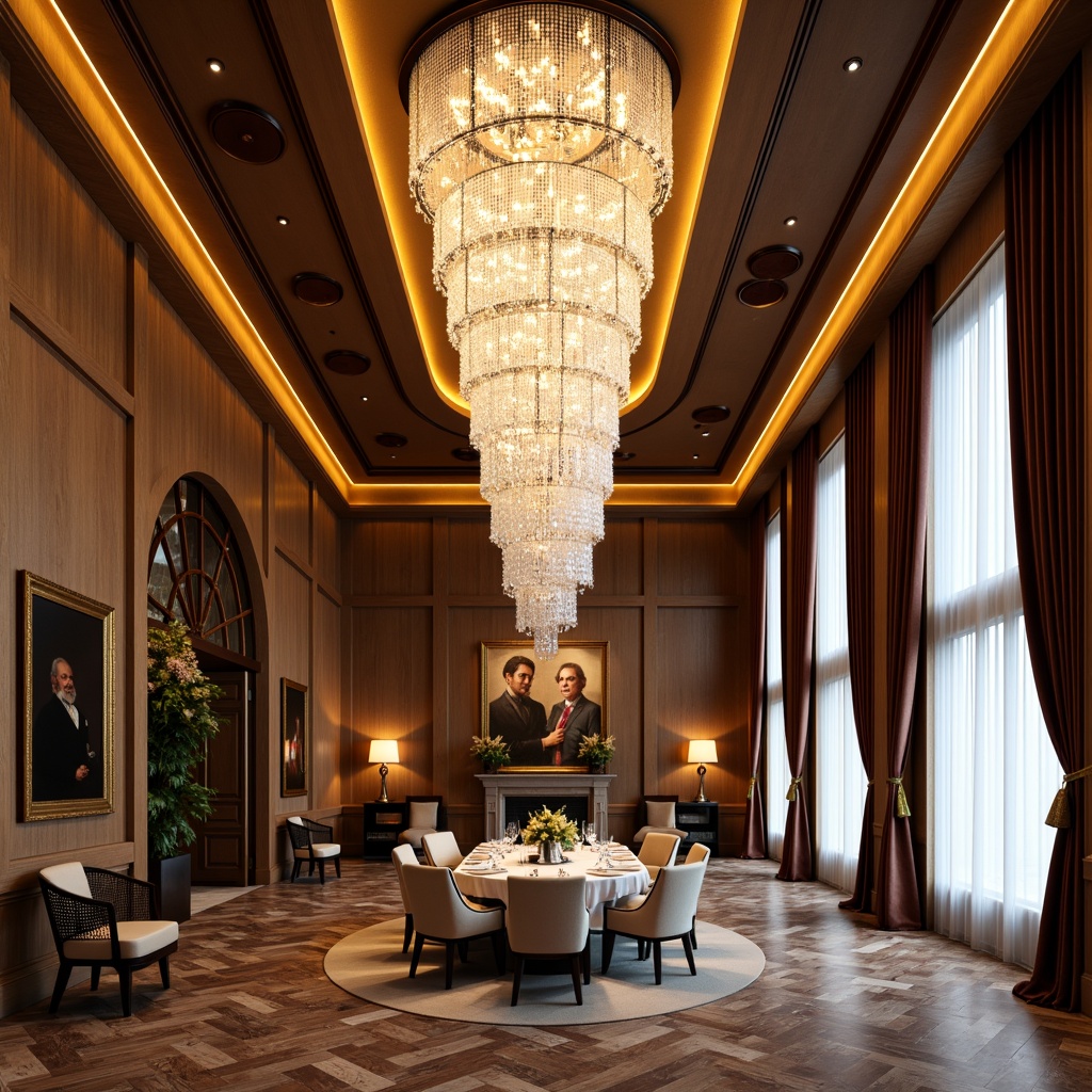 Prompt: Grand crystal chandelier, warm golden lighting, luxurious velvet drapes, majestic high ceiling, ornate wooden paneling, elegant marble flooring, sophisticated modern furniture, lavish decorative accents, ambient soft glow, spotlights on artwork, floor-to-ceiling windows, natural daylight, sheer white curtains, refined silverware, exquisite fine dining, intimate candlelight, dramatic overhead lighting, 3-point composition, symmetrical framing, shallow depth of field, realistic reflections.