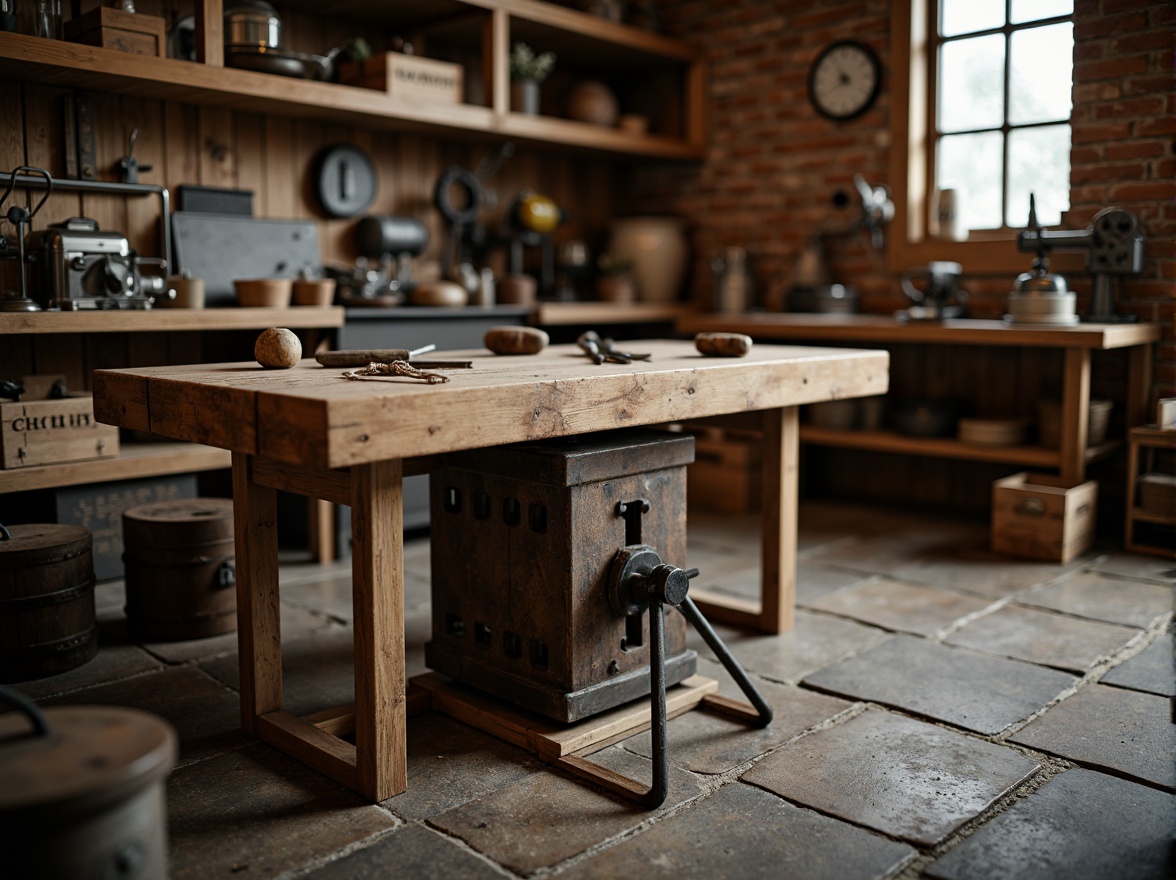 Prompt: Rustic workshop, reclaimed wood workbench, wooden vice, metal legs, distressed finishes, earthy color palette, stone floor, brick walls, wooden crates, vintage tools, rusty machinery, natural lighting, soft warm glow, shallow depth of field, 1/2 composition, realistic textures, ambient occlusion.