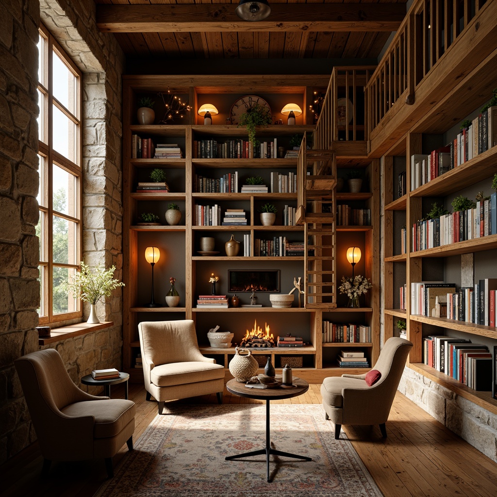 Prompt: Warm rustic library, wooden bookshelves, vintage ladder, comfortable reading nooks, plush armchairs, soft warm lighting, table lamps, floor lamps, string lights, candles, fire pit, stone walls, wooden floors, earthy color palette, natural textiles, woven baskets, leather-bound books, rich wood tones, dimmable lighting, cozy atmosphere, warm beige colors, crackling fireplace, morning sunlight, shallow depth of field, 1/2 composition.