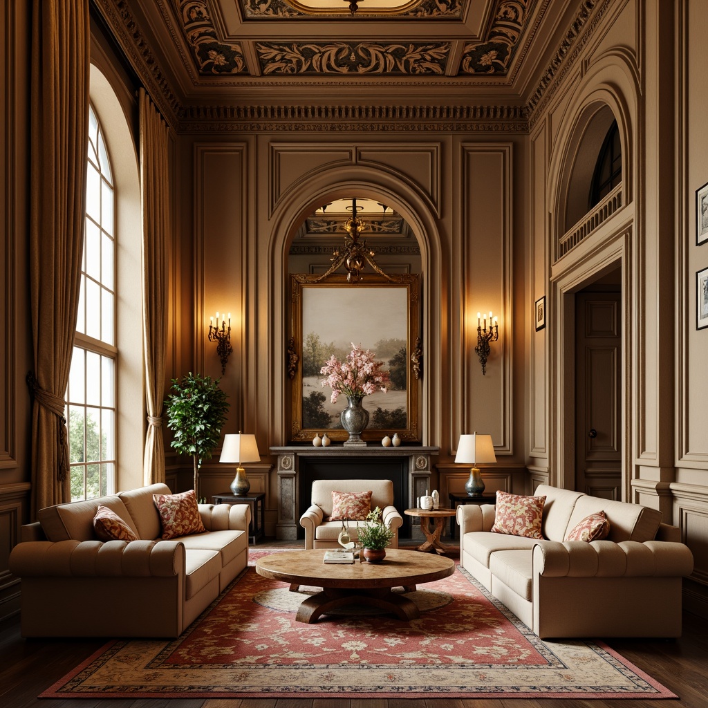 Prompt: Rich velvet fabrics, ornate carved wooden frames, plush pillows, soft golden lighting, elegant rolled arms, tufted buttons, intricate patterns, classic floral motifs, subtle sheen finishes, warm beige tones, luxurious textures, sophisticated furnishings, opulent drapery, majestic high ceilings, refined architectural details, lavish decorative accents.