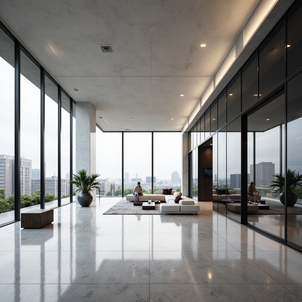 Prompt: Minimalist modern interior, sleek lines, monochromatic color scheme, polished marble floors, reflective glass surfaces, metallic accents, geometric patterns, concealed lighting, open-plan living area, floor-to-ceiling windows, sliding glass doors, urban city view, bright natural light, shallow depth of field, 1/2 composition, realistic textures, ambient occlusion.