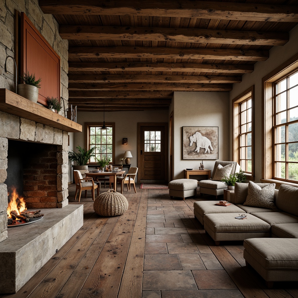 Prompt: Rustic farmhouse, distressed wooden planks, vintage metal accents, earthy tones, natural stone foundations, worn brick walls, textured ceramic tiles, exposed beam ceilings, reclaimed wood floors, cozy fireplaces, plush furnishings, soft warm lighting, shallow depth of field, 3/4 composition, intimate atmosphere, realistic textures, ambient occlusion.