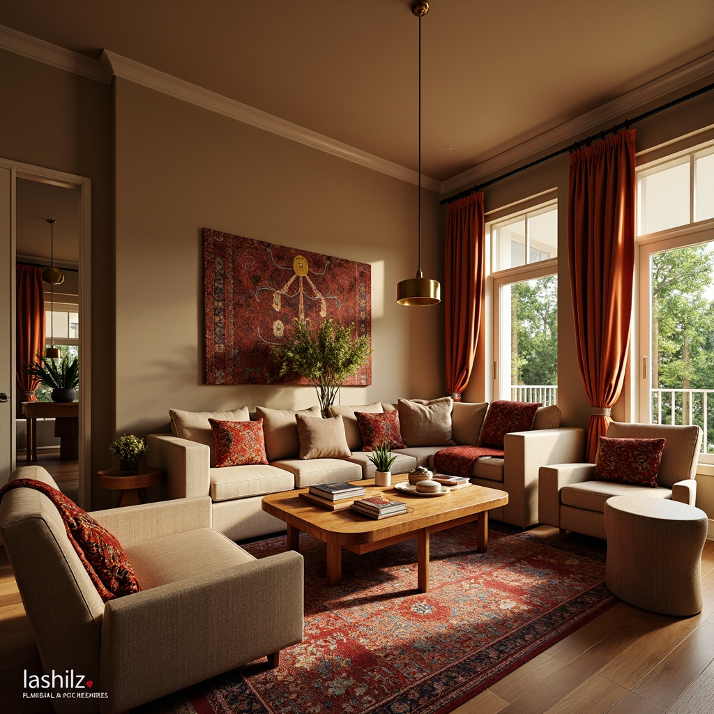 Prompt: Cozy living room, plush velvet sofa, soft cushioned armchairs, warm beige walls, richly textured fabrics, intricate embroidery patterns, vibrant colorful throws, luxurious silk drapes, natural wood flooring, modern minimalist coffee table, ambient warm lighting, shallow depth of field, 1/2 composition, realistic fabric simulations, detailed normal maps.