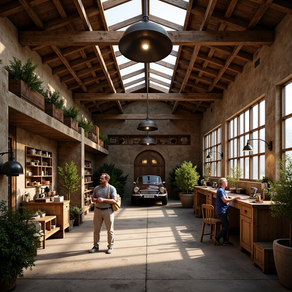 Prompt: Rustic family garage, wooden accents, earthy tones, warm lighting, pendant lamps, metal shades, industrial-style fixtures, exposed beams, stone walls, wooden crates, vintage tools, distressed finishes, cozy atmosphere, soft shadows, warm color temperature, high ceilings, clerestory windows, natural light pouring in, 1/1 composition, realistic textures, ambient occlusion.