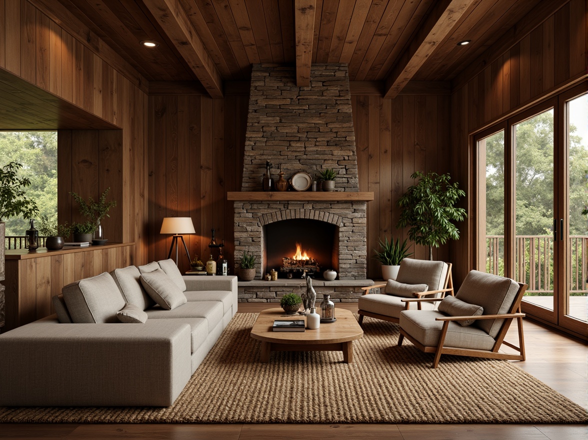 Prompt: Earth-toned cabin, reclaimed wood walls, stone fireplace, plush furnishings, woven jute rug, natural fiber upholstery, wooden accents, earthy scent, warm ambient lighting, soft focus, shallow depth of field, 2/3 composition, inviting atmosphere, organic textures, realistic render.