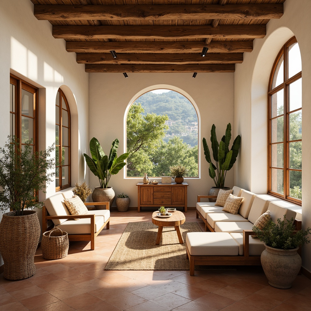 Prompt: Warm Mediterranean interior, large windows, soft natural light, creamy white walls, rustic wooden beams, terracotta flooring, vintage furniture, distressed wood accents, woven wicker chairs, lush greenery, potted plants, earthy color palette, warm beige tones, soft golden lighting, shallow depth of field, 1/1 composition, realistic textures, ambient occlusion.