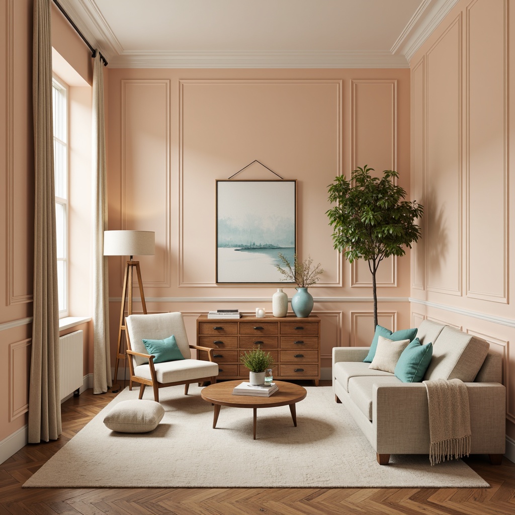 Prompt: Soft peach walls, creamy white trim, warm beige furniture, rich walnut wood accents, calming turquoise decorative pieces, muted sage greenery, natural linen fabrics, subtle golden lighting, warm ambient glow, shallow depth of field, 2/3 composition, symmetrical layout, realistic textures, ambient occlusion.