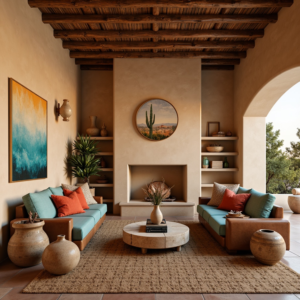 Prompt: Earthy southwestern living room, warm beige walls, rustic wooden furniture, turquoise accents, vibrant red and orange throw pillows, natural woven textiles, chunky pottery vases, desert-inspired artwork, sandy brown leather sofas, cactus-patterned rugs, soft warm lighting, shallow depth of field, 3/4 composition, panoramic view, realistic textures, ambient occlusion.