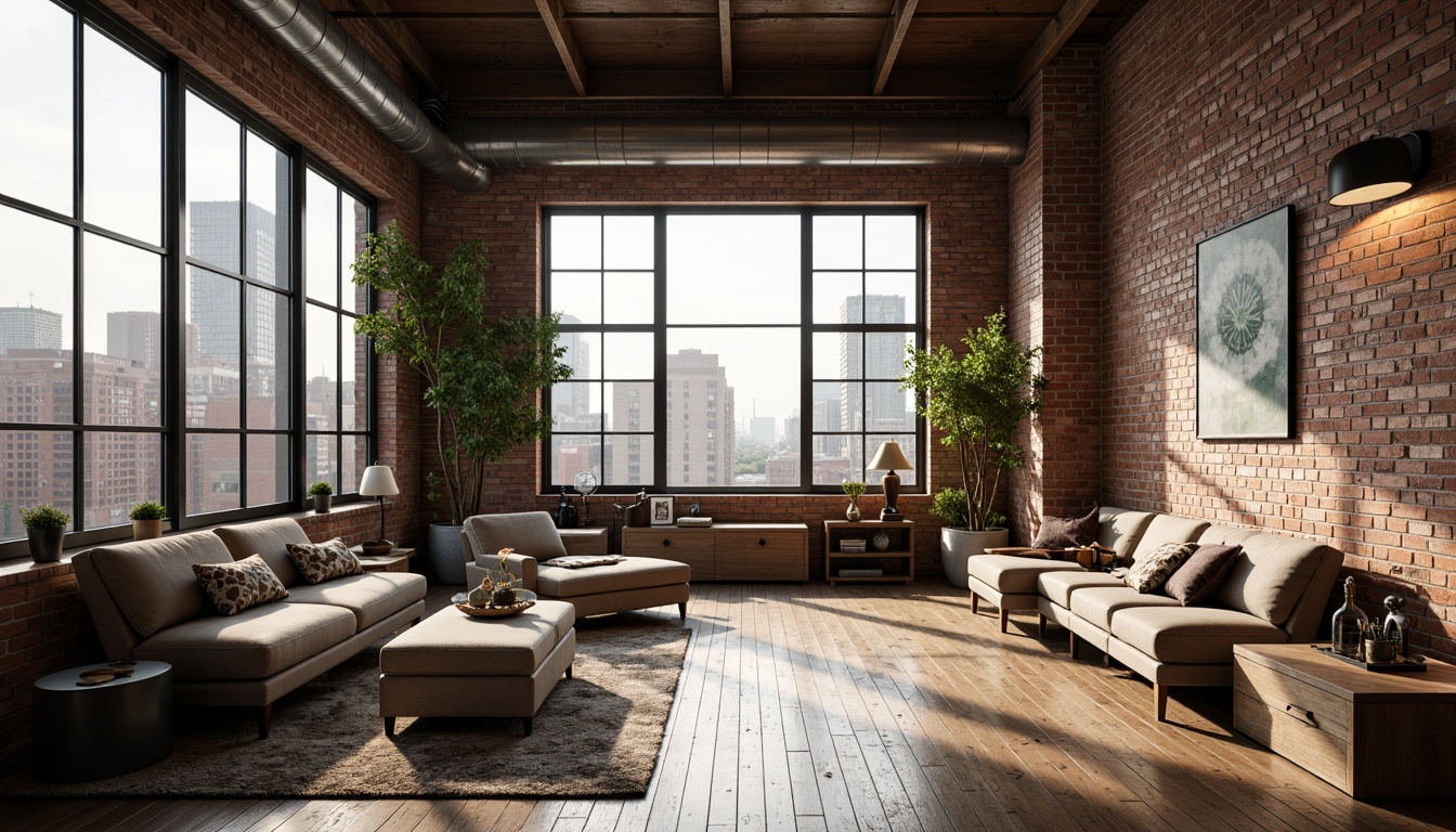 Prompt: Industrial chic loft, exposed brick walls, high ceilings, metal beams, wooden floors, reclaimed wood accents, modern minimalist decor, spacious open plan, natural light pouring in, large windows, sliding glass doors, urban cityscape views, soft warm lighting, shallow depth of field, 1/1 composition, realistic textures, ambient occlusion, cozy reading nooks, plush sofas, industrial metal lighting fixtures, eclectic art pieces, vintage decorative items.