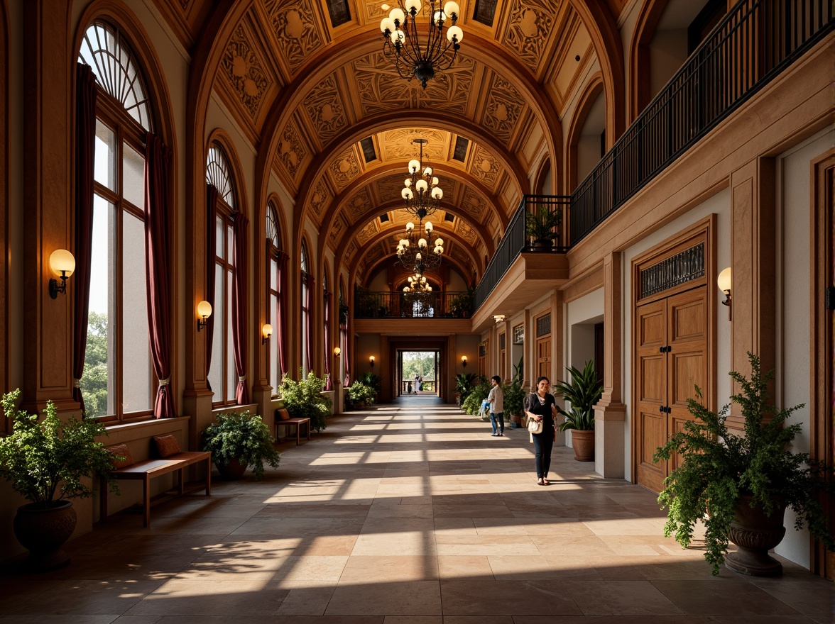 Prompt: Grand university hallway, high ceilings, ornate archways, intricately carved wooden panels, warm golden lighting, richly textured stone floors, majestic columns, ornamental balconies, elegant chandeliers, luxurious velvet drapes, stately wooden doors, refined Renaissance-style furnishings, subtle warm color palette, soft diffused light, shallow depth of field, 2/3 composition, realistic textures, ambient occlusion.