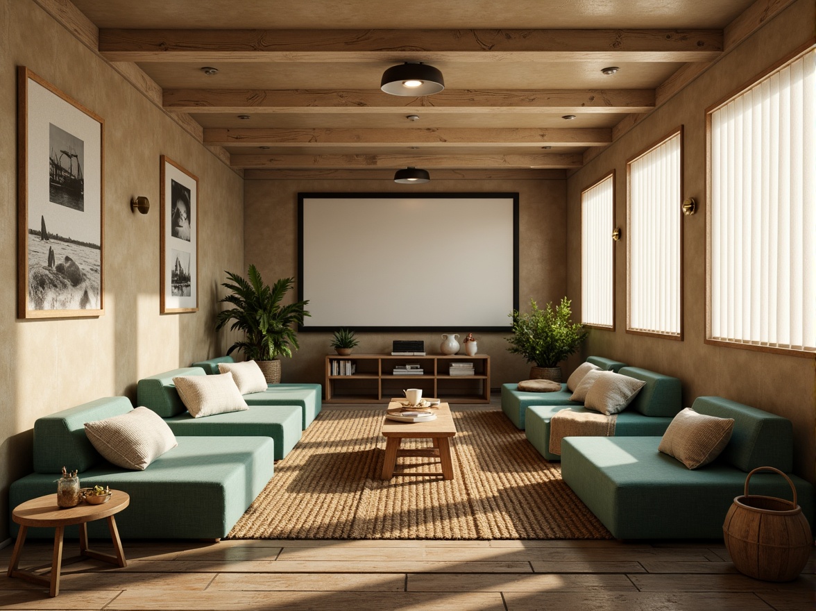 Prompt: Calming coastal cinema, soft sandy beige walls, driftwood grey accents, ocean-inspired turquoise seats, warm golden lighting, natural woven textiles, distressed wooden floors, nautical rope details, vintage marine instruments, subtle sea salt scents, misty morning atmosphere, cinematic wide shots, shallow depth of field, 1/2 composition, realistic reflections, ambient occlusion.