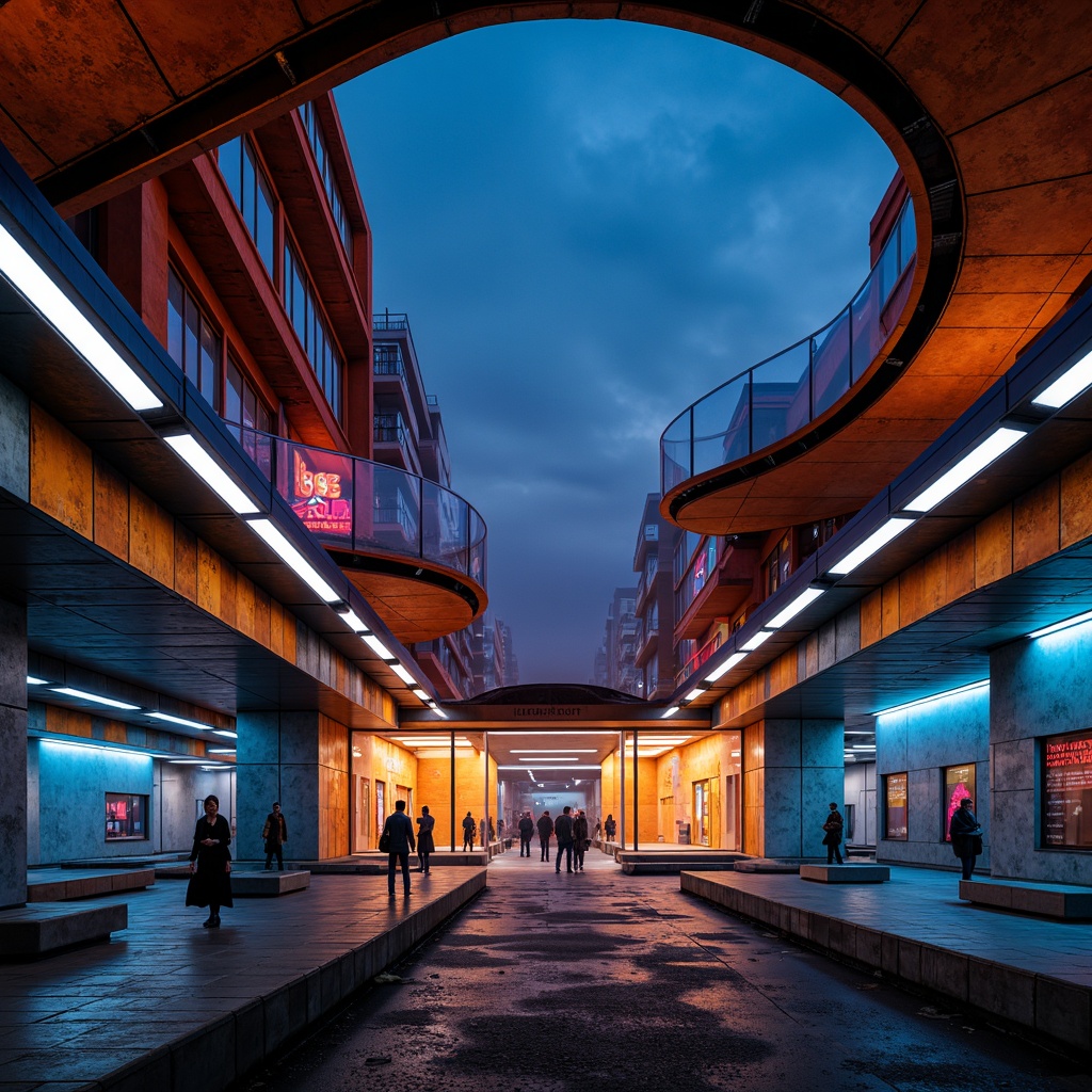 Prompt: Vibrant metro station, expressionist architecture, bold geometric shapes, dynamic curves, abstract patterns, bright neon lights, urban atmosphere, concrete walls, steel beams, modern industrial materials, moody color palette, deep blues, fiery oranges, electric yellows, rich purples, dark greys, atmospheric mist, dramatic shadows, intense contrasts, cinematic lighting, low-angle shot, 2.35