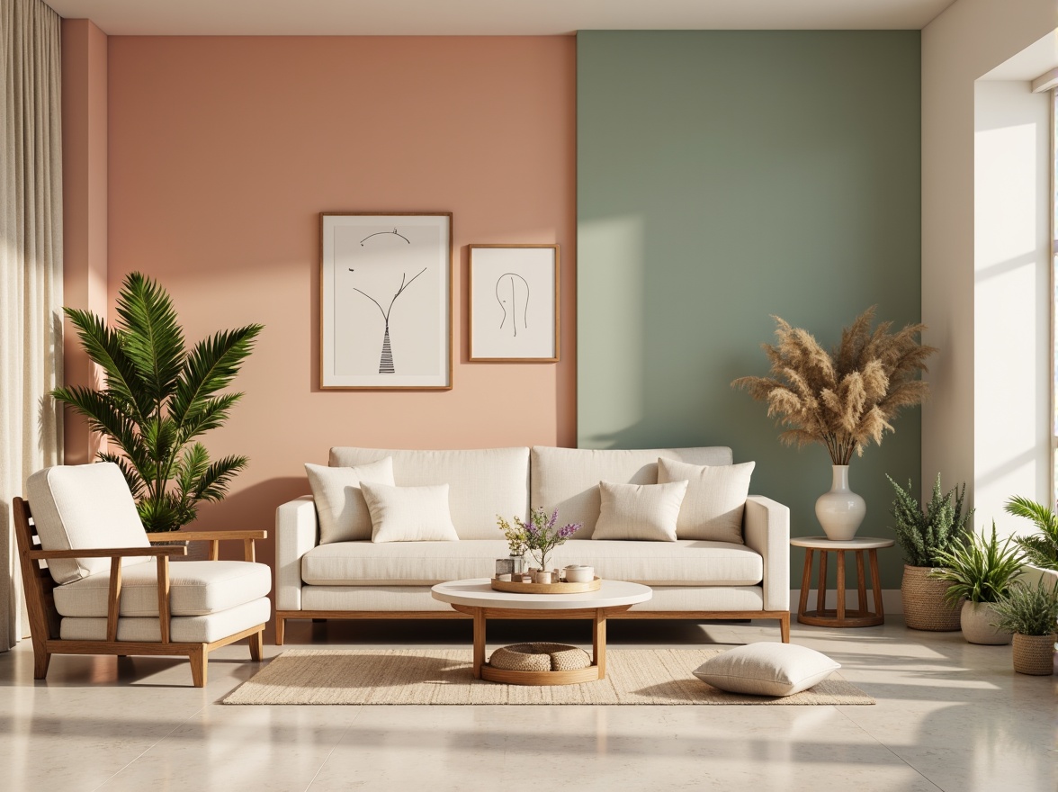 Prompt: Soft peach walls, calming mint accents, warm beige furniture, rich walnut wood tones, creamy white marble countertops, gentle lavender undertones, soothing sage greenery, natural linen textiles, subtle golden lighting, 1/2 composition, shallow depth of field, realistic reflections, ambient occlusion.