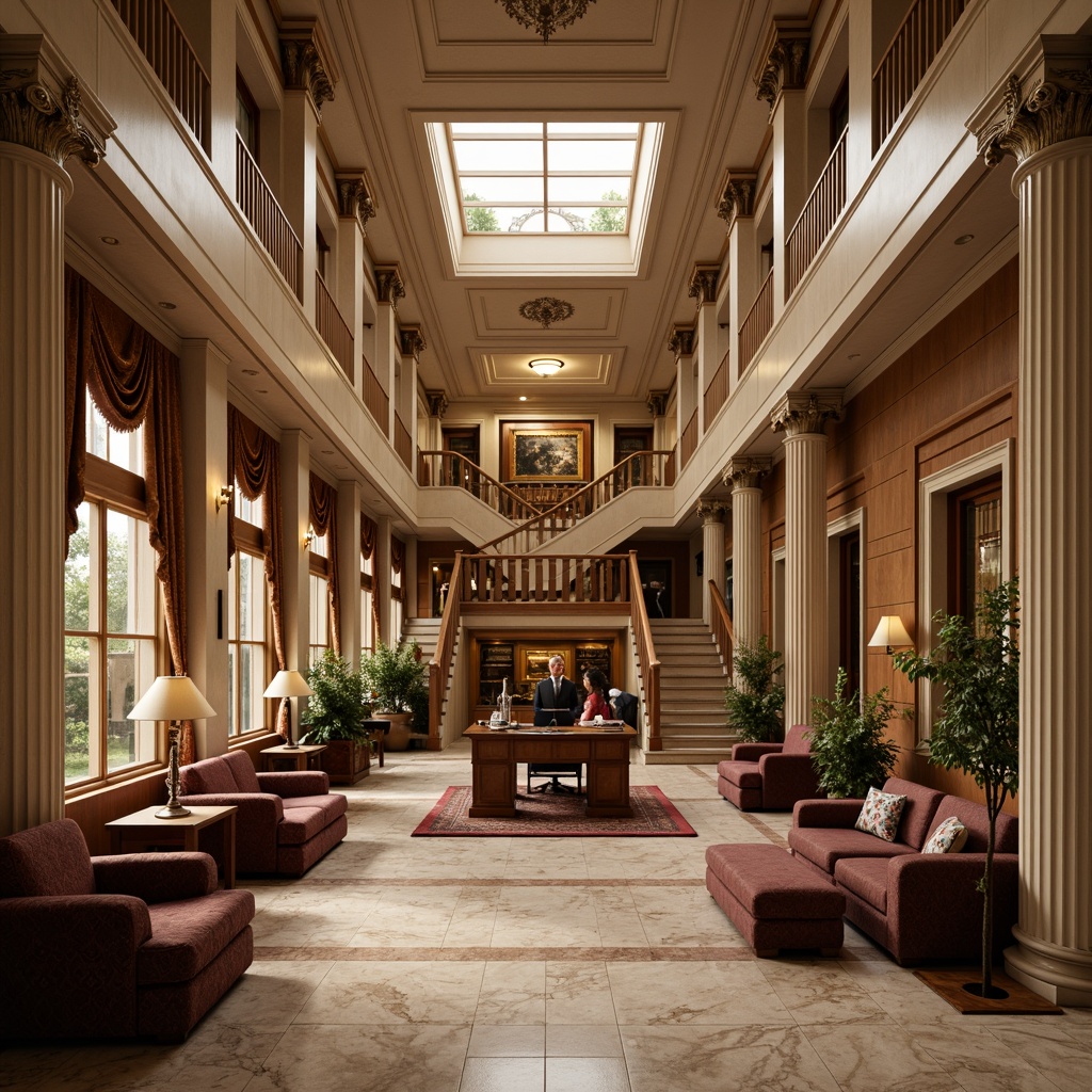 Prompt: Elegant youth center, classicist architecture, ornate columns, grand staircase, polished marble floors, rich wood paneling, comfortable sofas, velvet armchairs, wooden desks, leather-bound books, vintage lamps, intricate carvings, warm beige walls, soft golden lighting, 1/1 composition, symmetrical framing, subtle textures, ambient occlusion.Please let me know if this meets your requirements!