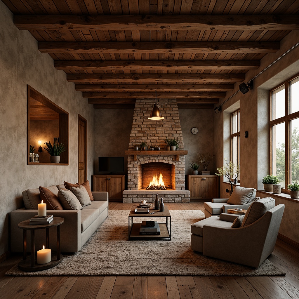 Prompt: Rustic wooden cabin, natural stone walls, earthy color palette, vintage metal lanterns, warm candlelight, cozy fireplaces, reclaimed wood accents, distressed finishes, industrial-chic lighting fixtures, exposed brick ceilings, wooden beam structures, nature-inspired textiles, warm beige tones, soft diffused lighting, dramatic shadows, 1/1 composition, intimate atmosphere, realistic material textures.