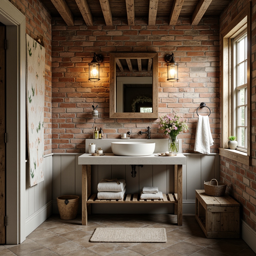 Prompt: Rustic farmhouse bathroom, distressed wooden accents, vintage metal fixtures, antique porcelain sink, ornate bronze faucets, mason jar lighting, exposed brick walls, natural stone flooring, earthy color palette, botanical prints, woven textiles, linen drapes, soft warm lighting, 1/2 composition, realistic textures, ambient occlusion.