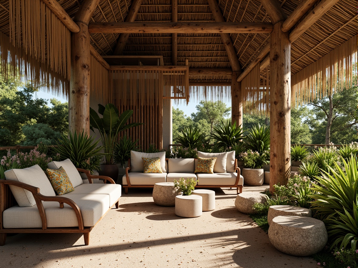 Prompt: Exotic tropical hut, woven rattan walls, natural fiber textures, earthy tones, organic patterns, lush greenery, vibrant flowers, wooden accents, reclaimed driftwood, distressed finishes, rough-hewn stone, coral-inspired colors, turquoise hues, sandy neutrals, ocean breeze, warm sunlight, soft shadows, 1/1 composition, intimate atmosphere, realistic renderings.