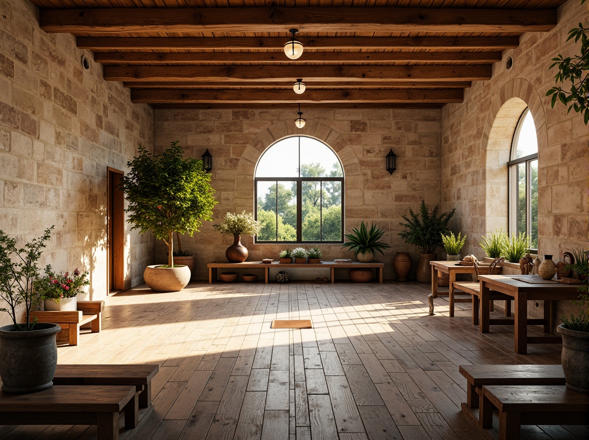 Prompt: Warm Mediterranean gymnasium, rustic wooden floors, natural stone walls, arch-shaped windows, wrought iron railings, distressed wood benches, vintage-style exercise equipment, terra cotta pots, lush greenery, vibrant flowers, soft warm lighting, 3/4 composition, panoramic view, realistic textures, ambient occlusion.