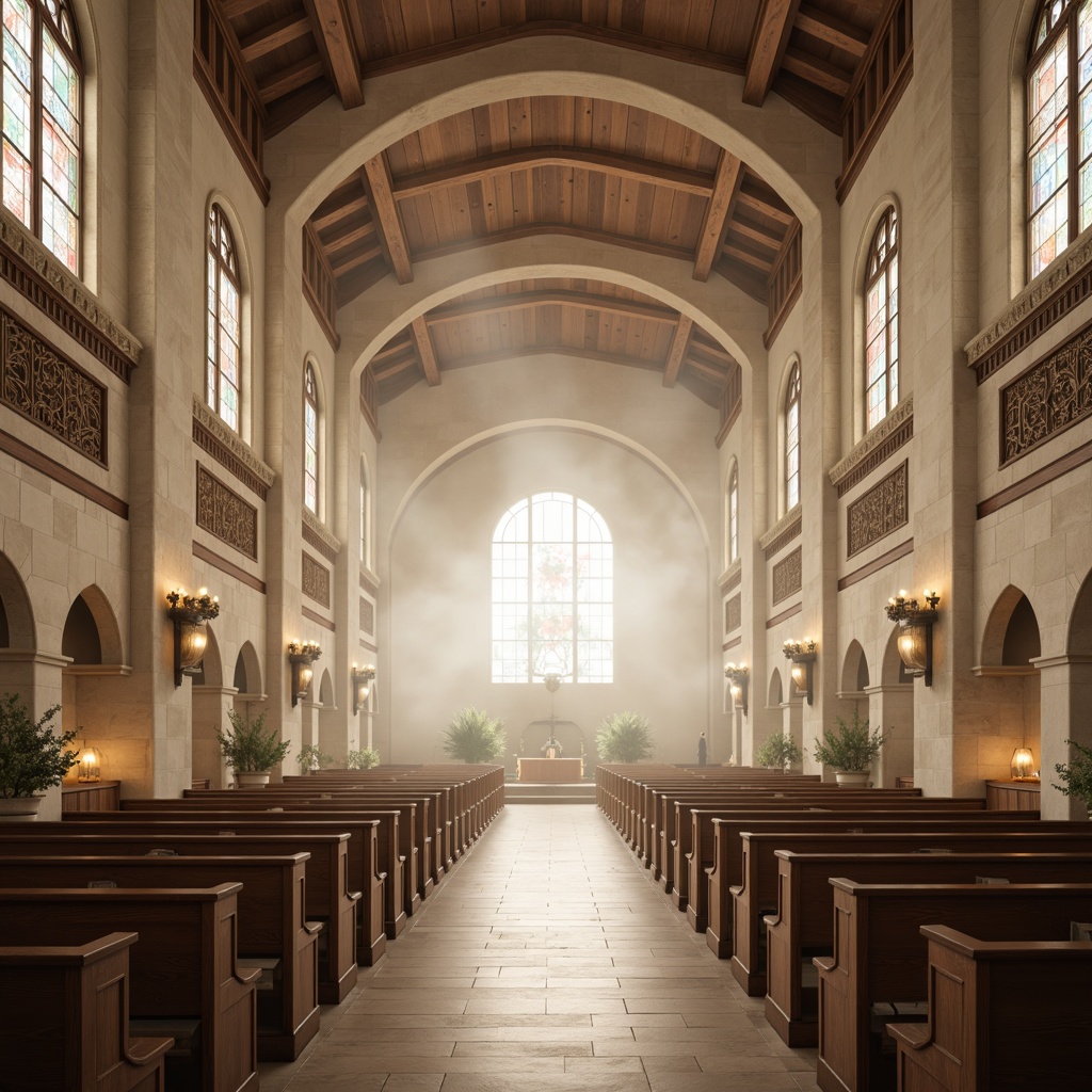 Prompt: \Ethereal church interior, vaulted ceilings, stained glass windows, ornate wooden pews, intricate stone carvings, soft diffused lighting, translucent alabaster walls, glowing lanterns, subtle misting effects, serene atmosphere, peaceful ambiance, natural stone flooring, rustic wooden accents, elegant archways, minimalist decor, warm beige tones, subtle shadows, shallow depth of field, 1/1 composition, soft focus, realistic textures, ambient occlusion.\