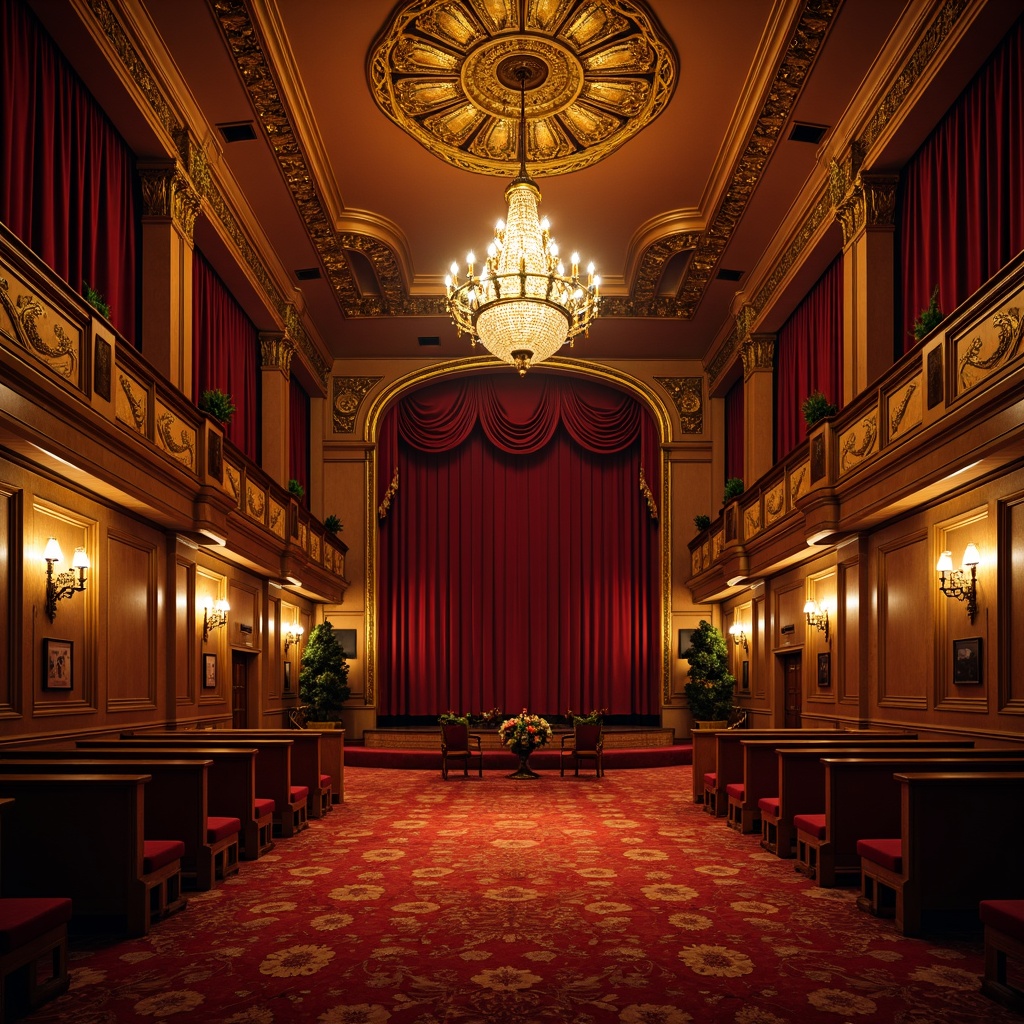 Prompt: Grand traditional theater, ornate chandeliers, warm golden lighting, velvet curtains, intricately carved wooden panels, luxurious red carpet, majestic staircase, opulent balcony seating, richly textured drapes, sparkling crystal sconces, soft warm glow, subtle shadowing, dramatic spotlights, 1/2 composition, intimate atmosphere, realistic textures, ambient occlusion.