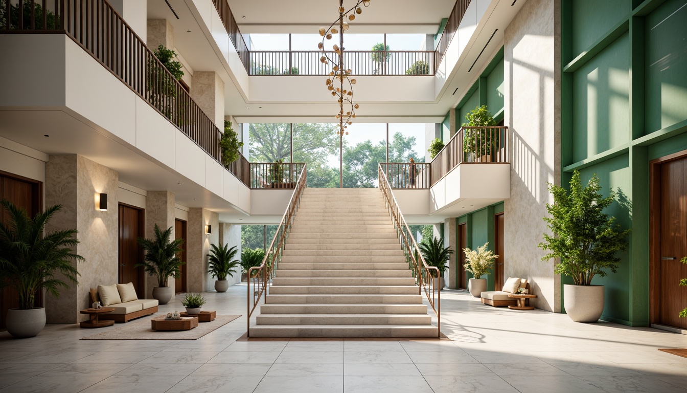 Prompt: Grand atrium, sweeping staircase, polished marble floors, luxurious chandeliers, elegant handrails, modern minimalist design, open-plan layout, abundant natural light, floor-to-ceiling windows, sleek metal accents, spacious landings, floating stair treads, glass balustrades, vibrant green walls, lush indoor plants, comfortable seating areas, warm ambient lighting, shallow depth of field, 1/1 composition, realistic textures, soft focus blur.