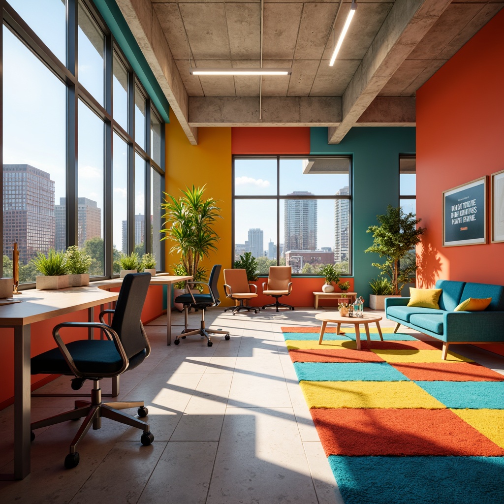 Prompt: Vibrant office space, pops of bright colors, geometric shapes, modern furniture, sleek metal legs, ergonomic chairs, colorful rugs, inspirational quotes, minimalist decor, plenty of natural light, large windows, urban cityscape views, warm sunny day, soft gentle lighting, shallow depth of field, 3/4 composition, realistic textures, ambient occlusion.