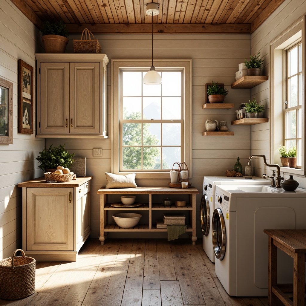 Prompt: Cozy laundry room, warm wood tones, ornate cabinetry, vintage hardware, soft cream colors, floral patterns, classic shiplap walls, distressed wooden floors, antique washing machines, rustic metal accents, natural stone countertops, farmhouse sinks, decorative lighting fixtures, soft warm glow, 1/1 composition, realistic textures, ambient occlusion.