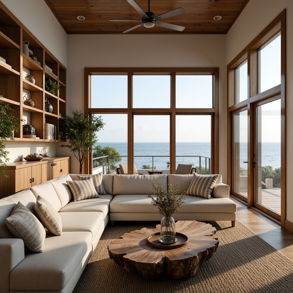 Prompt: Cozy coastal living room, driftwood coffee table, plush sectional sofa, natural linen upholstery, woven sea grass rug, coral-inspired accent pillows, reclaimed wood shelving, nautical-themed decor, vintage sailing artifacts, floor-to-ceiling windows, sliding glass doors, ocean views, soft warm lighting, shallow depth of field, 1/2 composition, serene atmosphere, realistic textures, ambient occlusion.