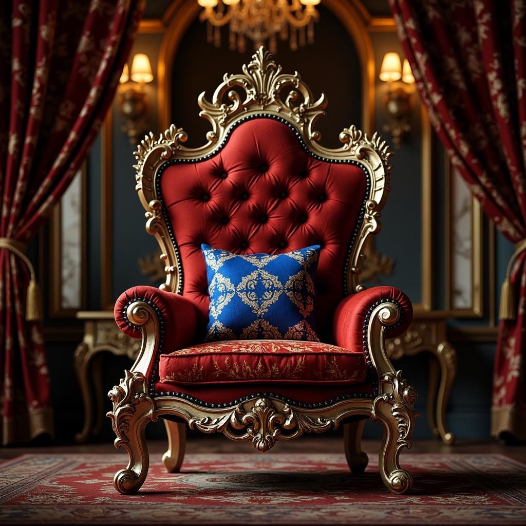 Prompt: Ornate throne-like chair, velvet upholstery, rich gold embroidery, intricate floral patterns, soft silk cushions, majestic crimson red, regal blue accents, lavish tufting, carved wooden legs, ornamental metal studs, luxurious satin draping, heavy brocade fabrics, opulent tassels, golden gilded frames, dramatic lighting, warm intimate atmosphere, shallow depth of field, 1/2 composition, realistic textures, ambient occlusion.