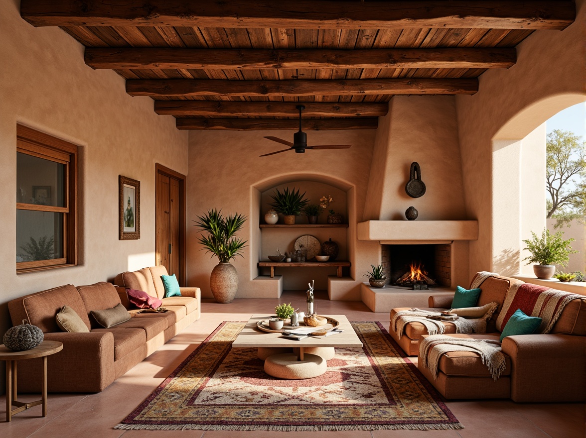 Prompt: Earthy adobe walls, wooden vigas, rustic wooden beams, warm terracotta floors, vibrant turquoise accents, natural woven textiles, geometric patterned rugs, traditional Native American pottery, colorful handwoven blankets, kiva-style fireplaces, cozy window nooks, distressed wood furniture, earthy stone columns, arched doorways, soft warm lighting, shallow depth of field, 3/4 composition, panoramic view, realistic textures, ambient occlusion.