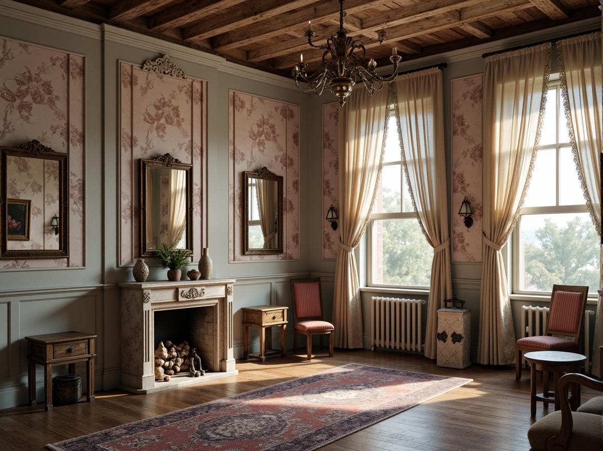 Prompt: Distressed wood paneling, vintage distressed finishes, soft pastel hues, floral patterned wallpapers, lace curtains, ornate mirrors, antique furniture pieces, rustic wooden beams, natural stone fireplaces, warm candlelight, soft focus, shallow depth of field, 1/1 composition, realistic textures, ambient occlusion.