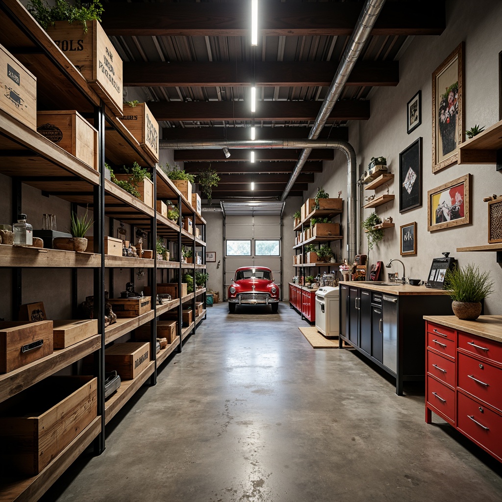 Prompt: Industrial-chic garage interior, sleek metal shelving units, reclaimed wood accents, bold color schemes, modern minimalist design, epoxy-coated floors, overhead storage racks, durable steel bins, industrial-style lighting fixtures, rustic wooden crates, vintage automotive decorations, distressed finishes, edgy urban vibe, shallow depth of field, 1/1 composition, warm ambient lighting, realistic textures.