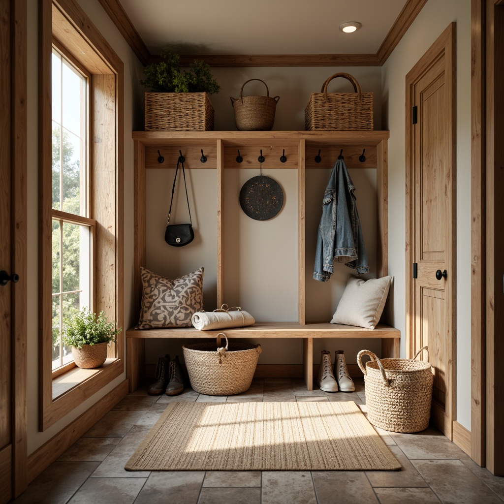 Prompt: Cozy mudroom, warm earth tones, natural stone floors, rustic wood accents, water-resistant tiles, slip-resistant surfaces, modern farmhouse style, functional storage benches, hooks for hanging accessories, woven baskets, natural fiber rugs, warm ambient lighting, shallow depth of field, 1/2 composition, realistic textures.