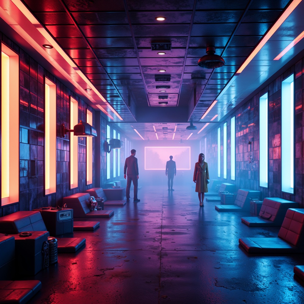 Prompt: Vibrant neon lights, iridescent hues, metallic sheen, luminescent accents, sleek futuristic architecture, high-tech gadgets, virtual reality interfaces, holographic projections, cyberpunk ambiance, retro-futuristic nostalgia, bold geometric patterns, electric blue tones, radiant oranges, hot pinks, deep purples, chrome finishes, LED strips, neon signs, atmospheric fog, misty vistas, 3/4 composition, shallow depth of field, panoramic view, realistic textures, ambient occlusion.