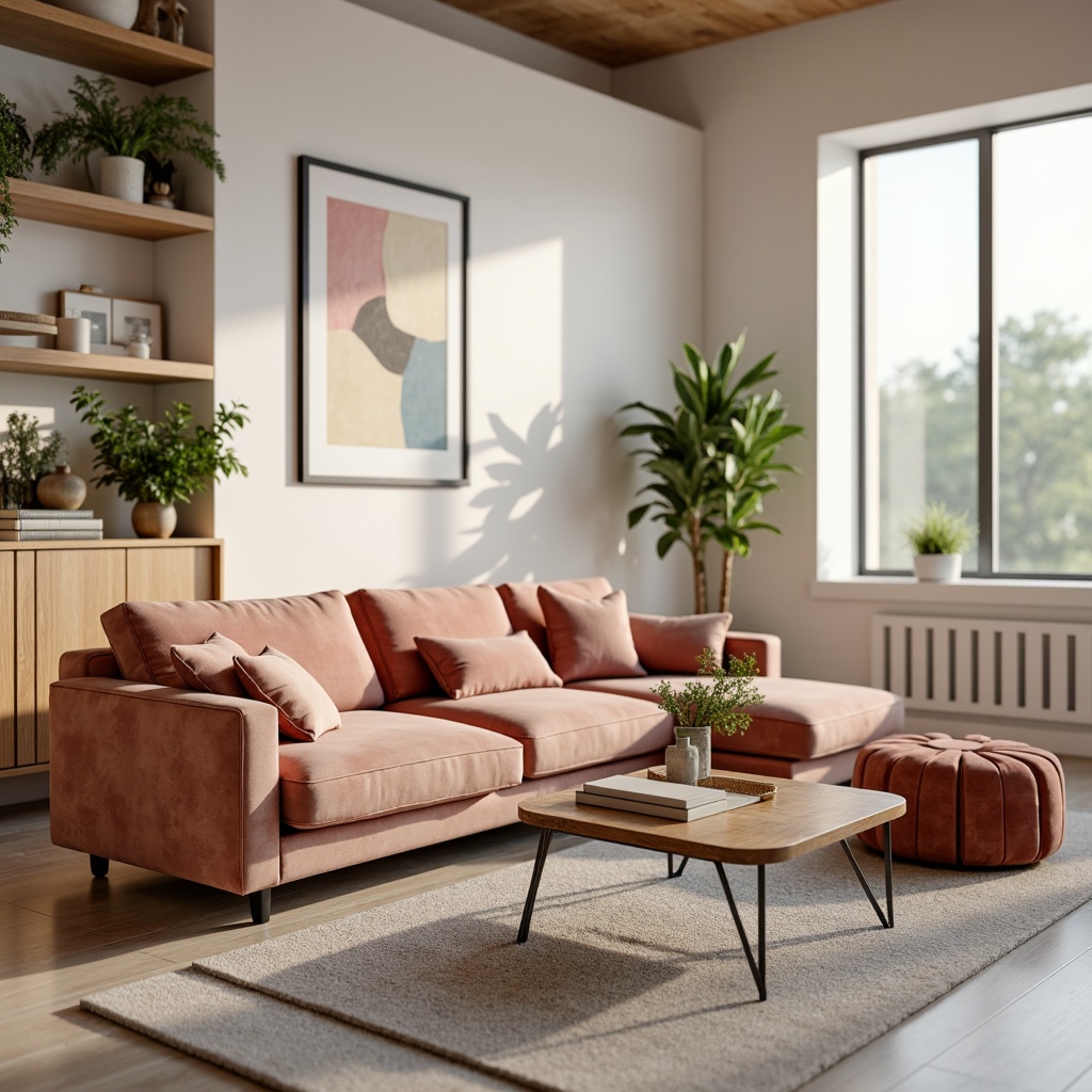 Prompt: Mid-century modern living room, sleek low-profile sofa, velvet upholstery, tufted ottoman, reclaimed wood coffee table, industrial metal legs, minimalist decor, pastel color palette, soft warm lighting, shallow depth of field, 3/4 composition, realistic textures, ambient occlusion.