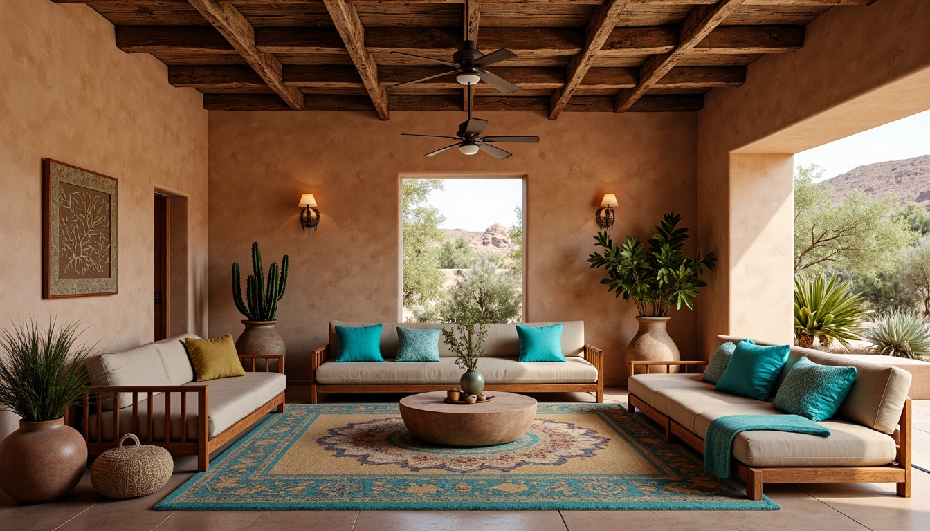 Prompt: Southwestern-style interior, earthy color palette, adobe-inspired walls, reclaimed wooden beams, rustic wooden furniture, vibrant turquoise accents, bold geometric patterns, woven textiles, natural fiber rugs, leather upholstery, metal lanterns, pendant lighting, wooden ceiling fans, stucco finishes, clay pottery decorations, cacti plants, arid landscape views, warm sunny daylight, soft gentle shadows, 3/4 composition, shallow depth of field, realistic textures.