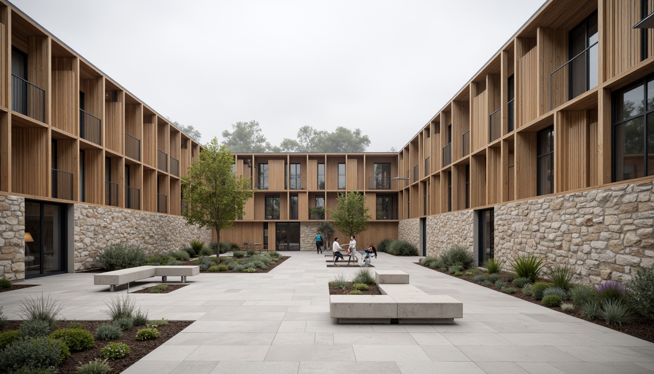 Prompt: Weathered wood accents, natural stone walls, rough concrete floors, minimalist community center, open courtyard, sparse greenery, simple benches, industrial lighting fixtures, clean lines, monochromatic color scheme, subtle textures, soft diffused light, 1/1 composition, realistic material renderings, ambient occlusion.