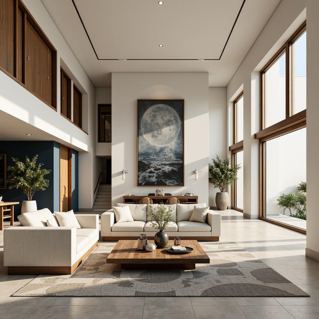 Prompt: Luxurious villa interior, modern minimalist style, creamy whites, warm beiges, rich wood tones, soft grays, accent walls in deep blues, velvety blacks, metallic golds, subtle textures, natural stone floors, sleek wooden furniture, low-profile sofas, geometric-patterned rugs, floor-to-ceiling windows, abundant natural light, airy atmosphere, subtle lighting fixtures, 1/1 composition, shallow depth of field, realistic reflections, ambient occlusion.