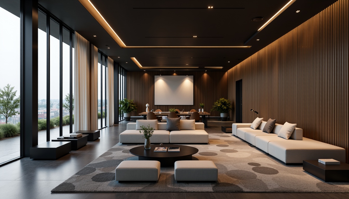 Prompt: Streamlined modern interior, sleek lines, minimalist decor, polished metal accents, matte black finishes, soft warm ambiance, layered lighting scheme, recessed ceiling lights, floor-to-ceiling windows, sheer curtains, natural daylight, warm LED glow, subtle color temperature shifts, 1/1 composition, realistic textures, ambient occlusion.